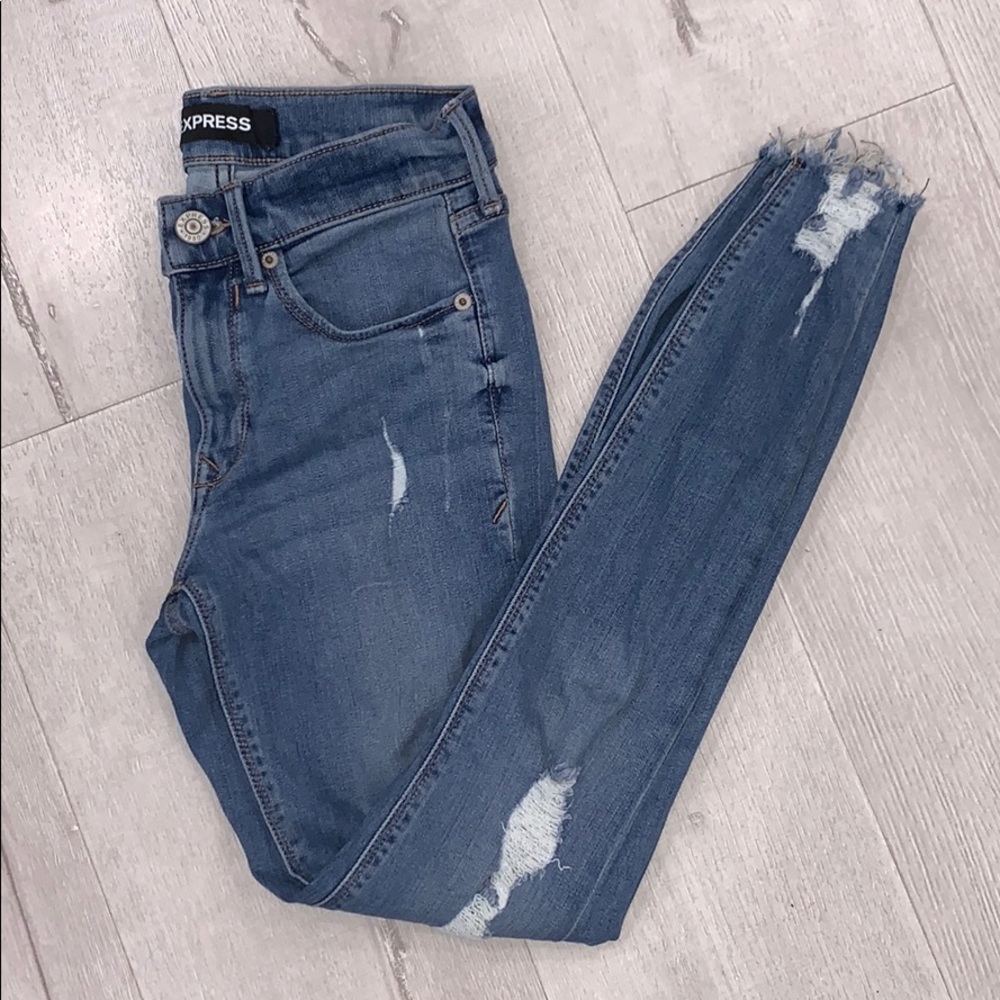 Express High-Rise Distressed Skinny Jeans - Blue
